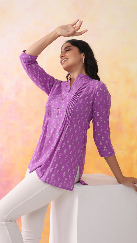Purple Pure Cotton Casual A-Line 3/4Th Sleeves Top For Women
