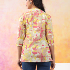 Red And Yellow Pure Cotton Casual Straight Fit 3/4Th Sleeves Top For Women