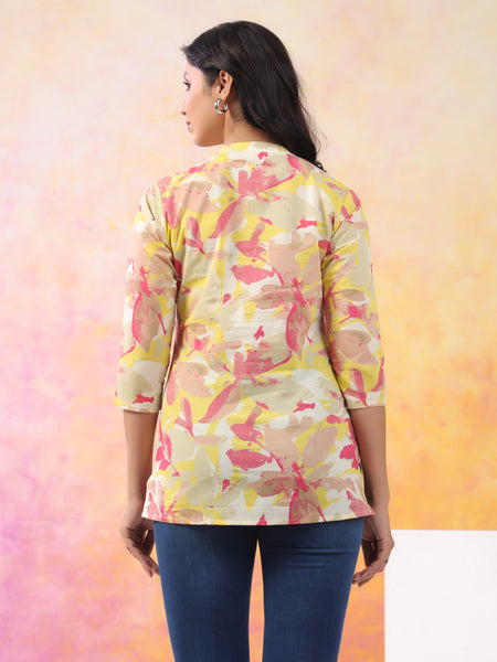 Red And Yellow Pure Cotton Casual Straight Fit 3/4Th Sleeves Top For Women