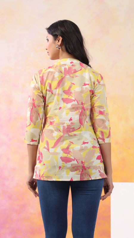 Red And Yellow Pure Cotton Casual Straight Fit 3/4Th Sleeves Top For Women