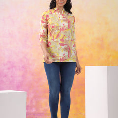 Red And Yellow Pure Cotton Casual Straight Fit 3/4Th Sleeves Top For Women