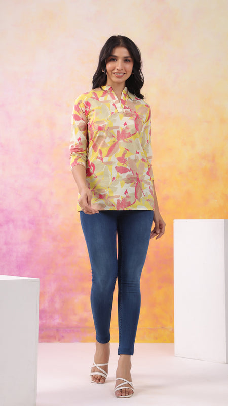Red And Yellow Pure Cotton Casual Straight Fit 3/4Th Sleeves Top For Women