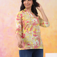 Red And Yellow Pure Cotton Casual Straight Fit 3/4Th Sleeves Top For Women