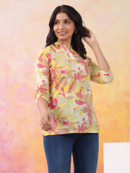 Red And Yellow Pure Cotton Casual Straight Fit 3/4Th Sleeves Top For Women