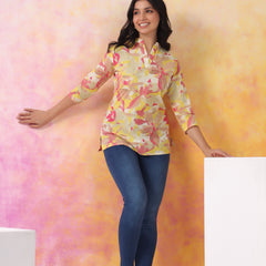 Red And Yellow Pure Cotton Casual Straight Fit 3/4Th Sleeves Top For Women