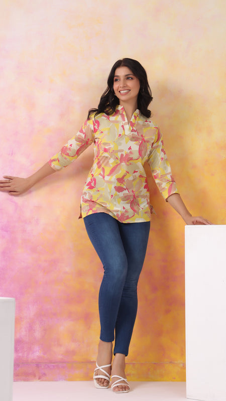 Red And Yellow Pure Cotton Casual Straight Fit 3/4Th Sleeves Top For Women