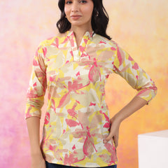 Red And Yellow Pure Cotton Casual Straight Fit 3/4Th Sleeves Top For Women