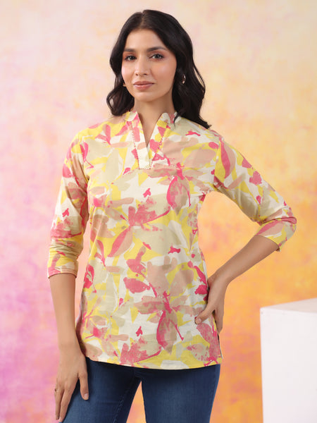 Red And Yellow Pure Cotton Casual Straight Fit 3/4Th Sleeves Top For Women