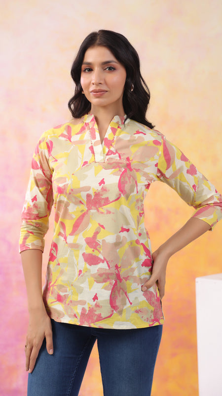 Red And Yellow Pure Cotton Casual Straight Fit 3/4Th Sleeves Top For Women