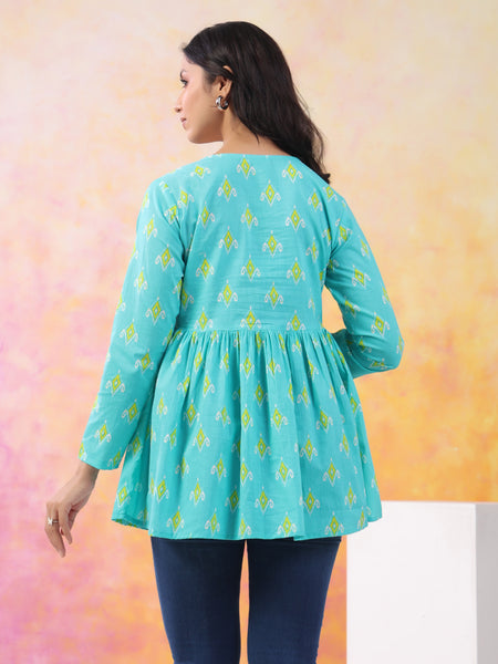 Turquoise Blue Pure Cotton Casual Peplum Full Sleeves Top For Women