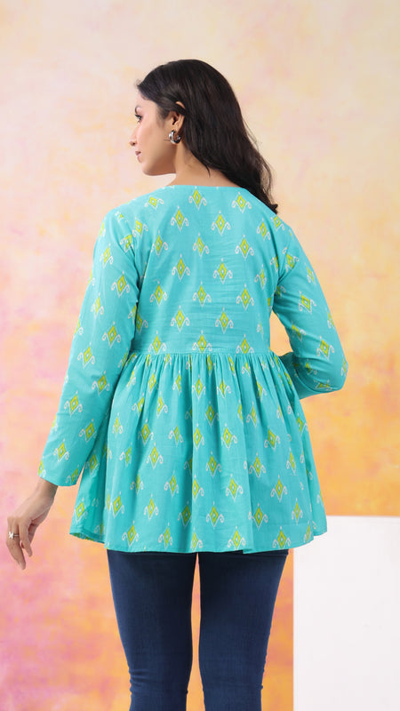 Turquoise Blue Pure Cotton Casual Peplum Full Sleeves Top For Women
