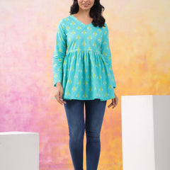 Turquoise Blue Pure Cotton Casual Peplum Full Sleeves Top For Women