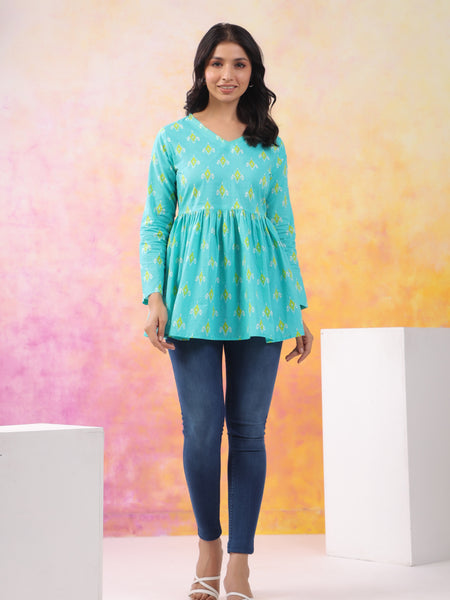 Turquoise Blue Pure Cotton Casual Peplum Full Sleeves Top For Women