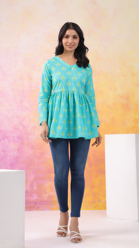Turquoise Blue Pure Cotton Casual Peplum Full Sleeves Top For Women
