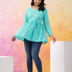 Turquoise Blue Pure Cotton Casual Peplum Full Sleeves Top For Women