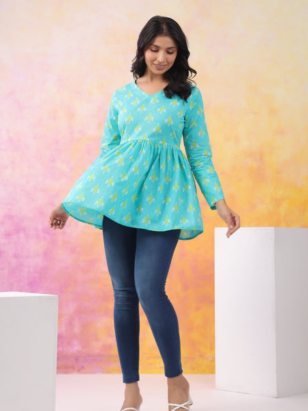 Turquoise Blue Pure Cotton Casual Peplum Full Sleeves Top For Women
