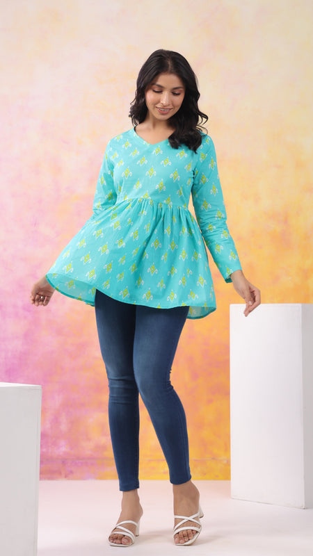Turquoise Blue Pure Cotton Casual Peplum Full Sleeves Top For Women