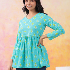 Turquoise Blue Pure Cotton Casual Peplum Full Sleeves Top For Women