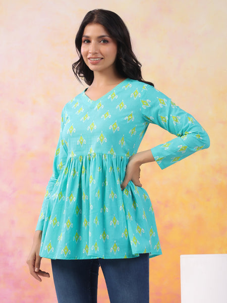 Turquoise Blue Pure Cotton Casual Peplum Full Sleeves Top For Women