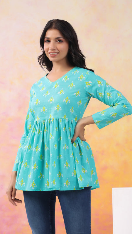 Turquoise Blue Pure Cotton Casual Peplum Full Sleeves Top For Women