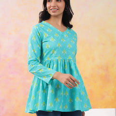 Turquoise Blue Pure Cotton Casual Peplum Full Sleeves Top For Women