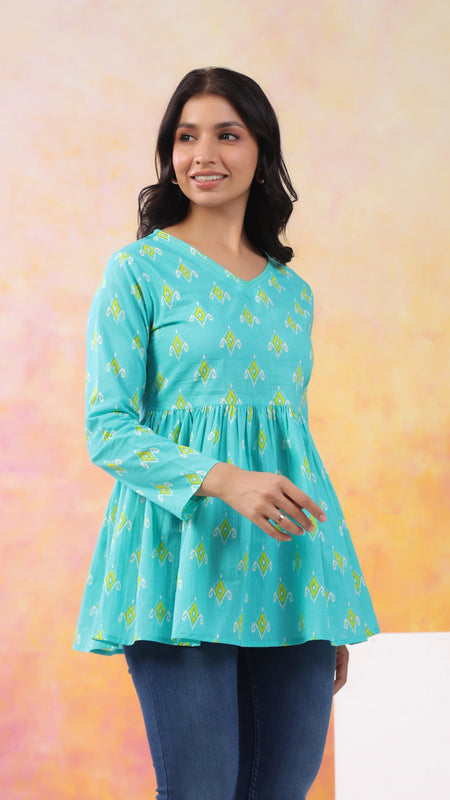 Turquoise Blue Pure Cotton Casual Peplum Full Sleeves Top For Women