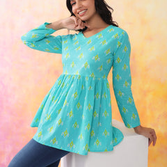 Turquoise Blue Pure Cotton Casual Peplum Full Sleeves Top For Women