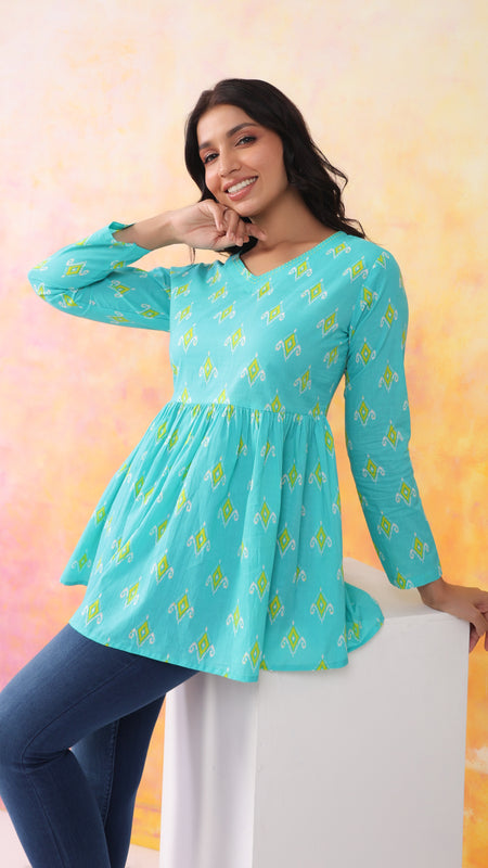 Turquoise Blue Pure Cotton Casual Peplum Full Sleeves Top For Women