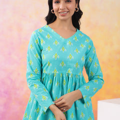 Turquoise Blue Pure Cotton Casual Peplum Full Sleeves Top For Women