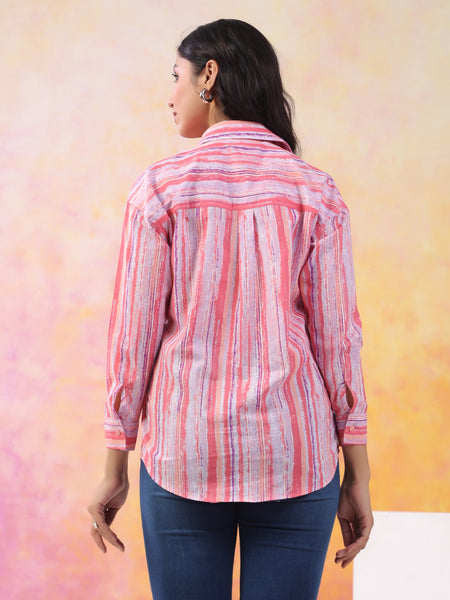 Pink Pure Cotton Casual Full Sleeves Shirt For Women
