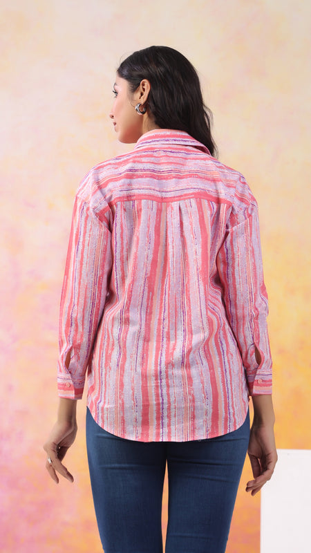 Pink Pure Cotton Casual Full Sleeves Shirt For Women