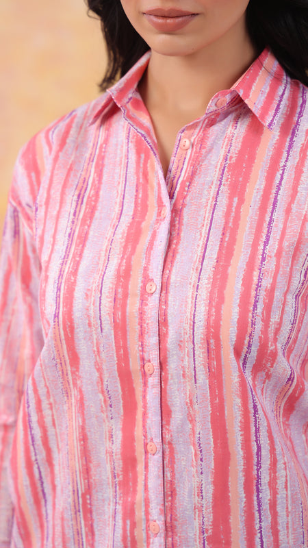 Pink Pure Cotton Casual Full Sleeves Shirt For Women
