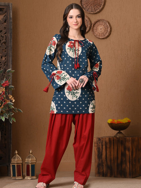 Teal Circle Rose Farshi Salwar Set