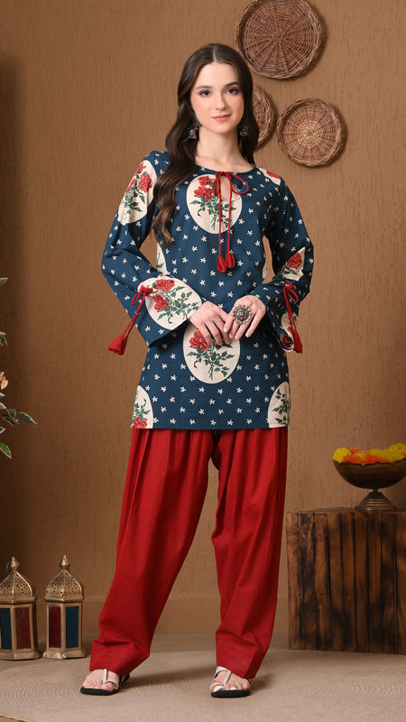 Teal Circle Rose Farshi Salwar Set